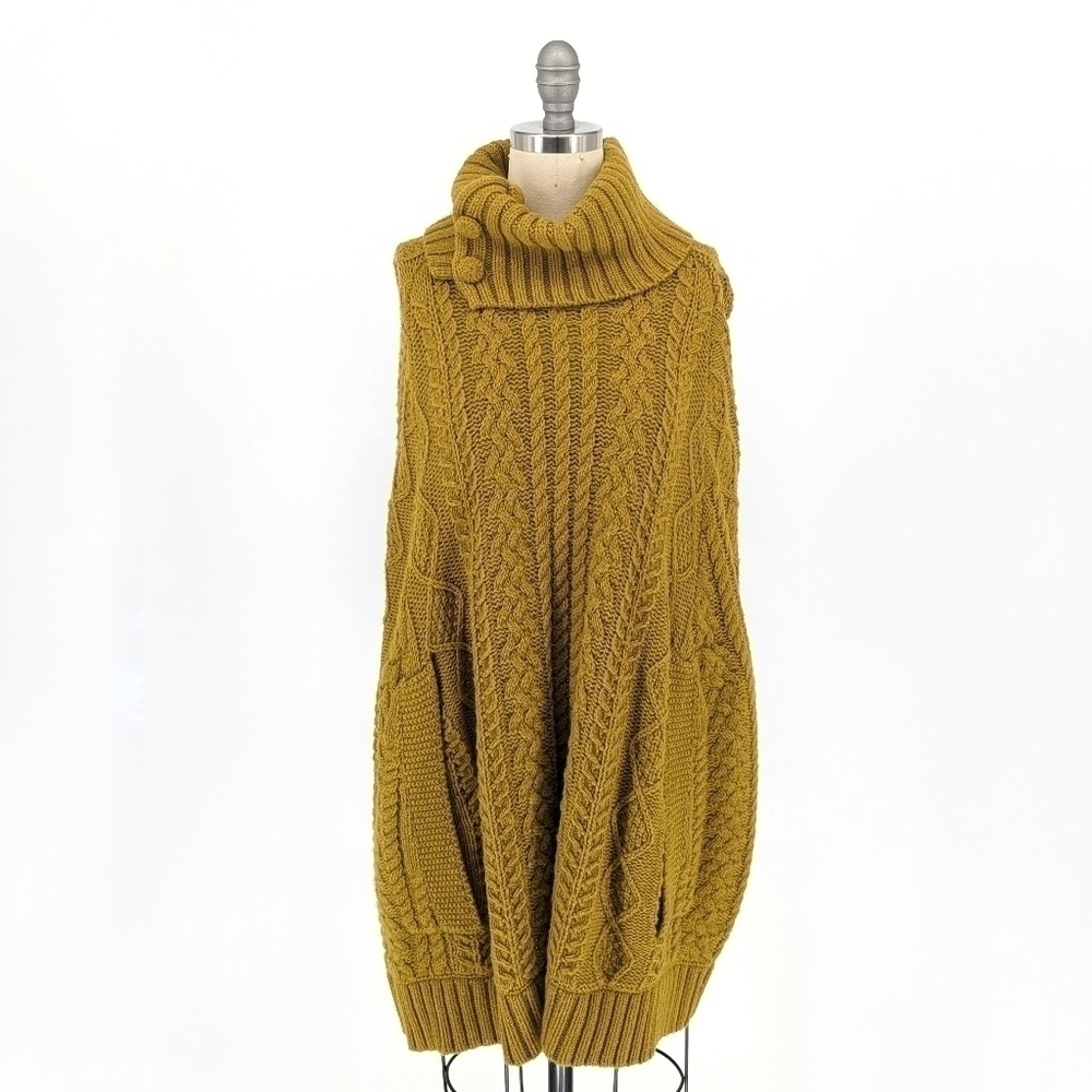 Anthropologie Knit Cape Mustard Yellow S/M chunky turtleneck bohemian fall